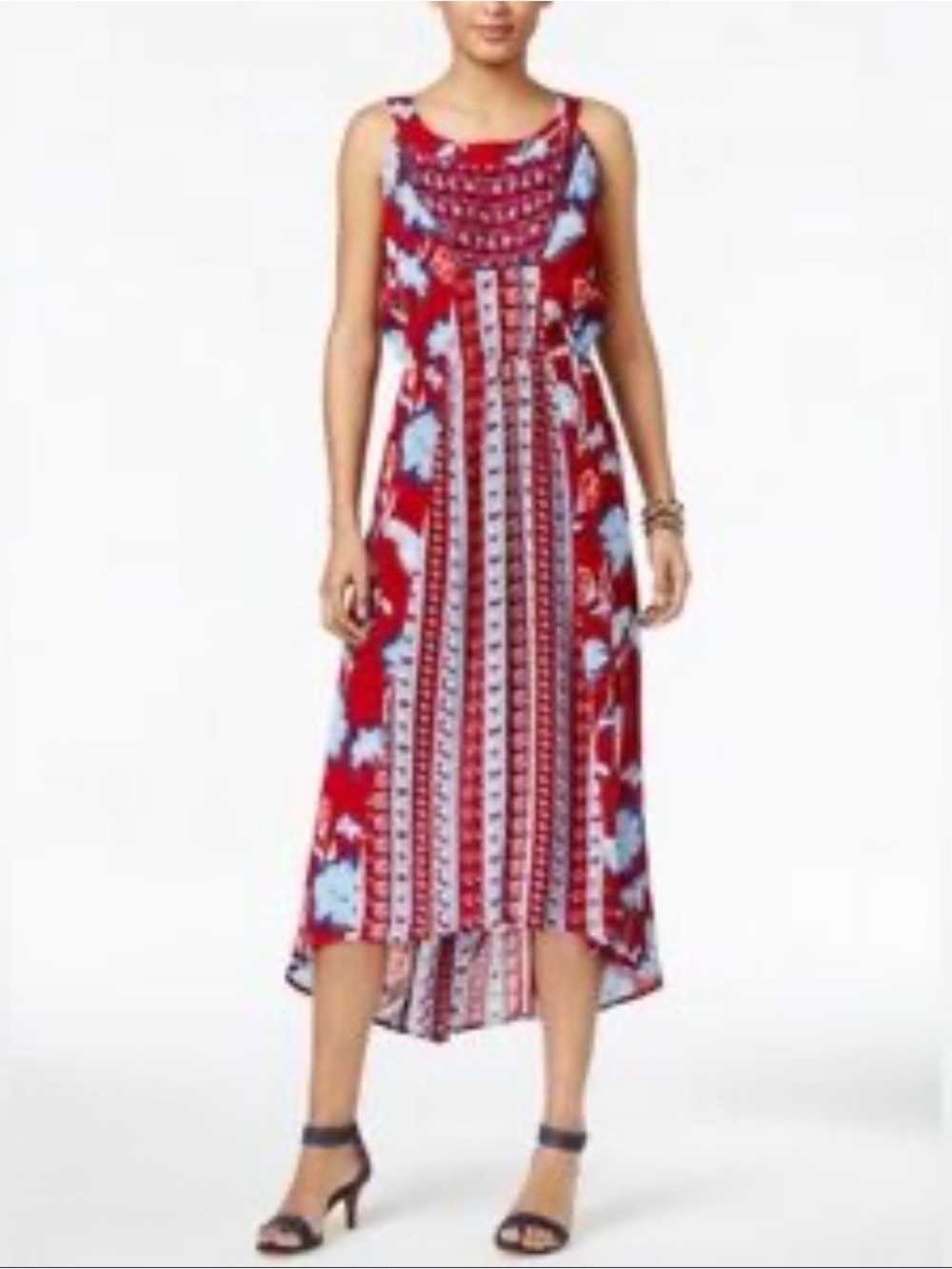 🐠 Style & Co. Red Floral & Blue Print High-Low Midi Dress